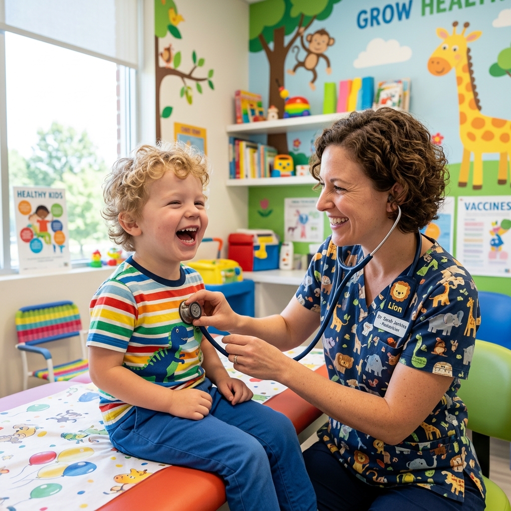 Smiling child playing with soft toy during a check-up
